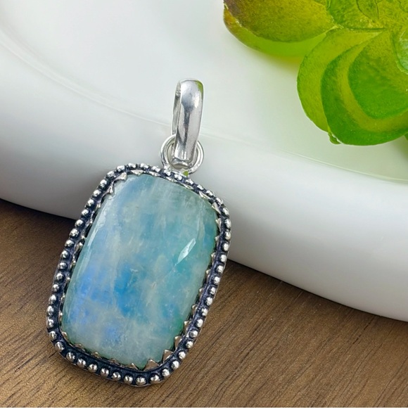 Exotic Blue Green Moonstone Pendant Handmade New Sterling Silver 925 Overlay - Picture 4 of 9